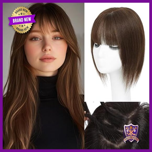 Human Hair Topper with Wispy Bangs for Thinning Crown Coverage